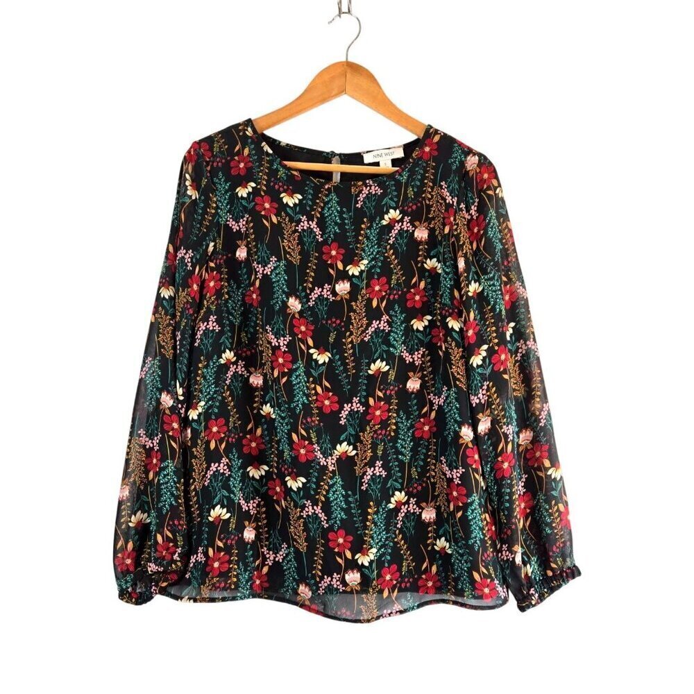 Floral Blouse Black Multi Color Nine West S Long Sheer Sleeve Lined Body Career